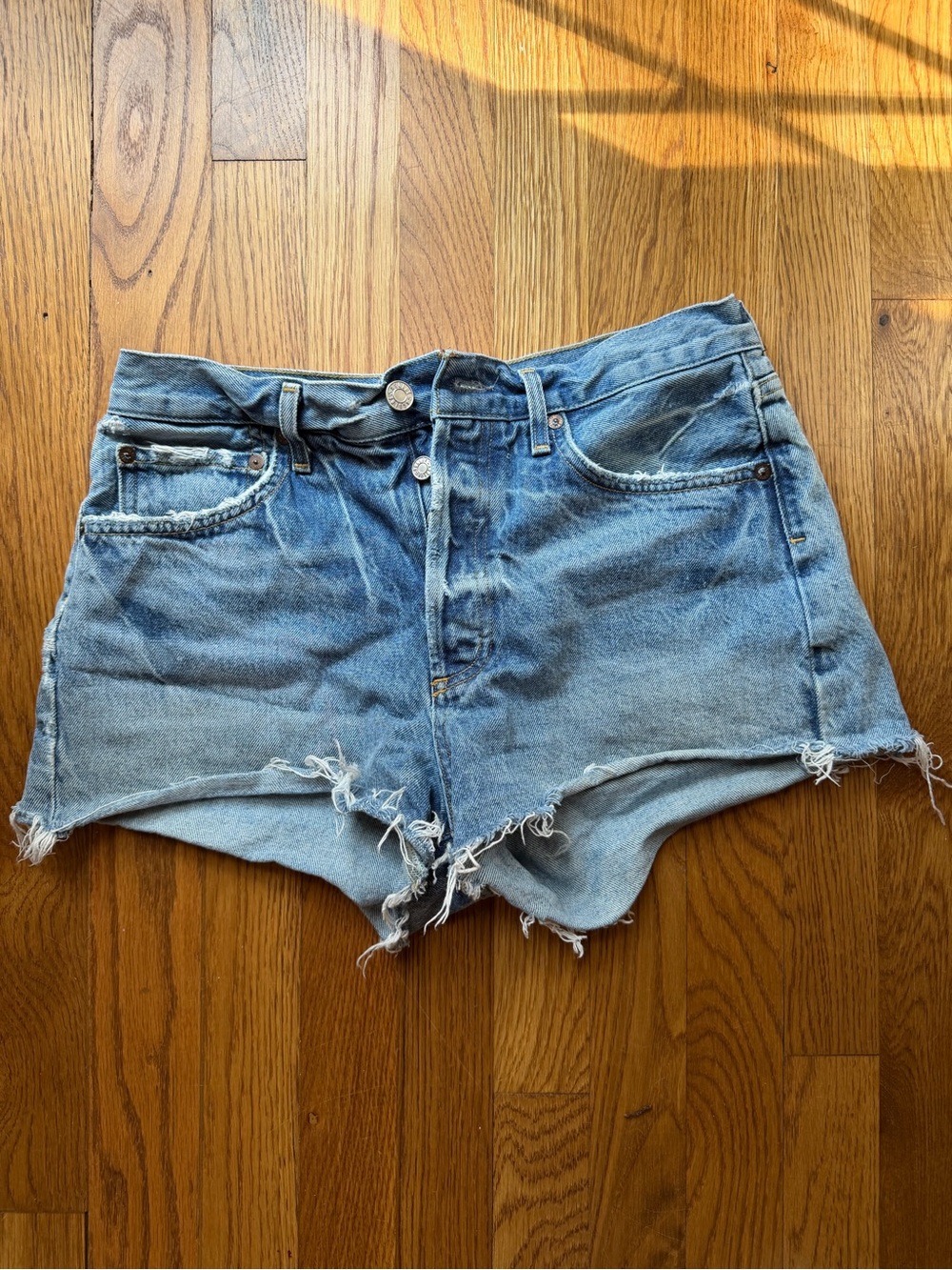 Agolde Light Blue High-Rise Frayed Denim Cutoff Shorts